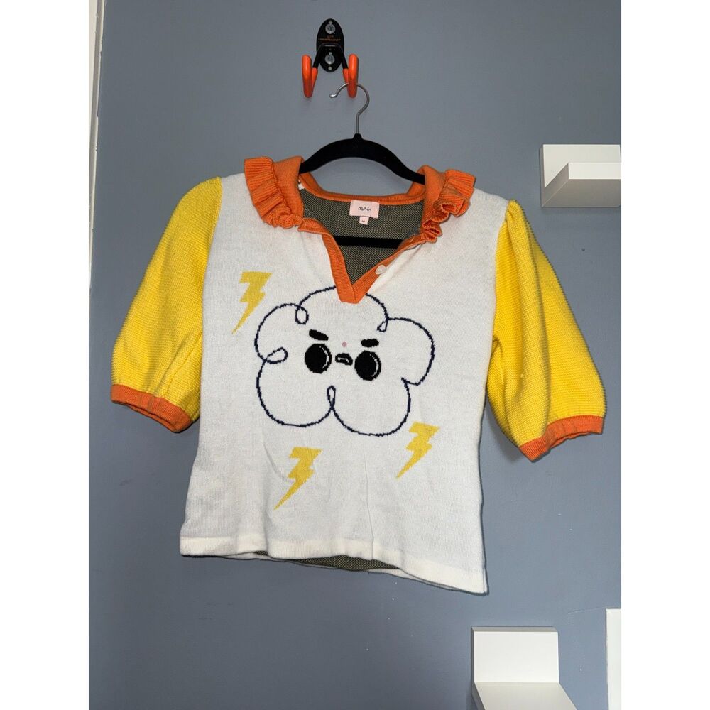 Discontinued Mai Accents Cloud Print, Ruffle Collar Knit Top | Size XS | Kidcore